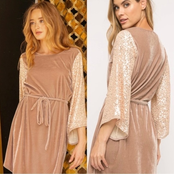 MYSTREE Velvet Flutter Sleeve Sequins Blush Pink Dress Women's Size M - Picture 1 of 16